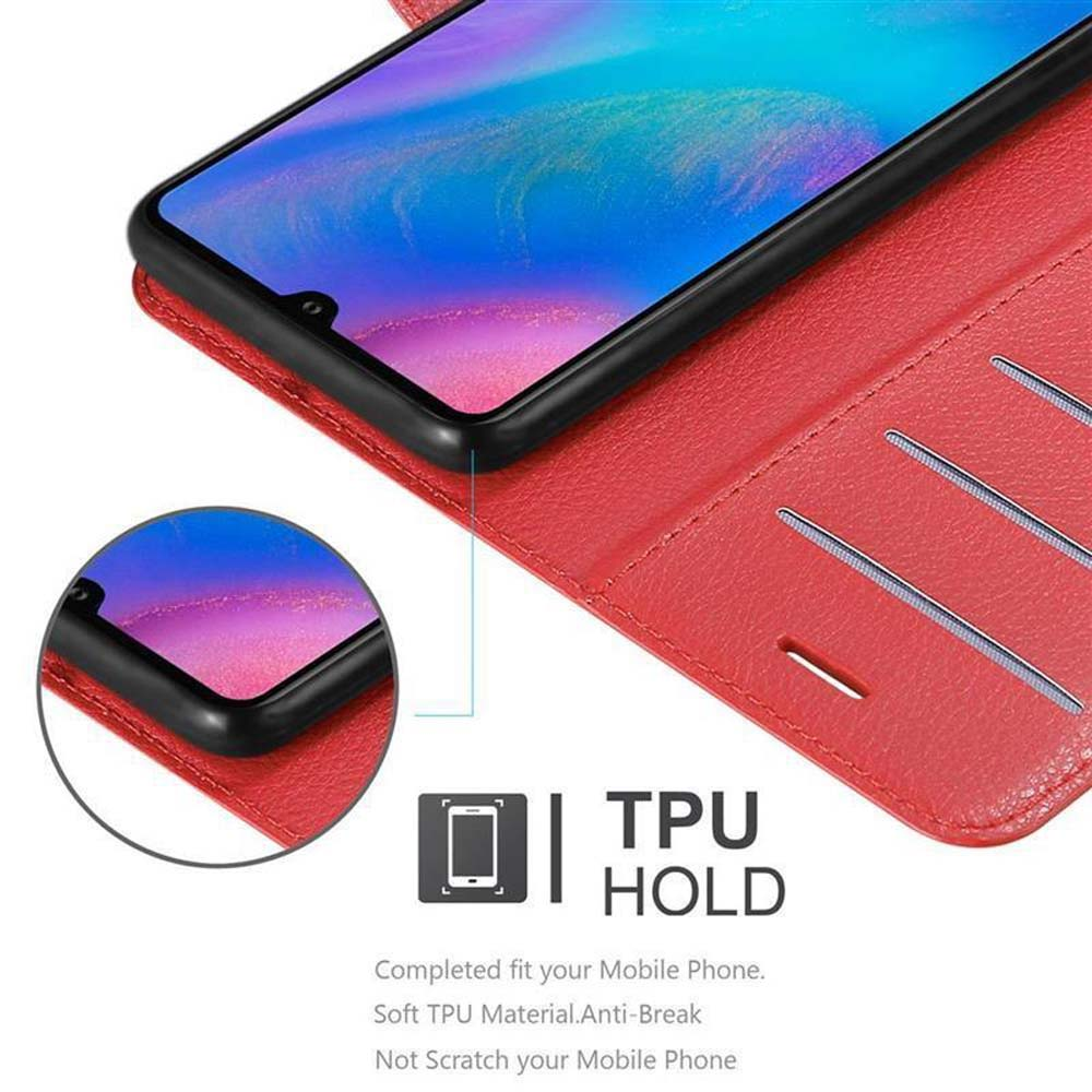 Una custodia rossa per telefono aperta, che mostra l'interno con fessure per carte. Un telefono all'interno.