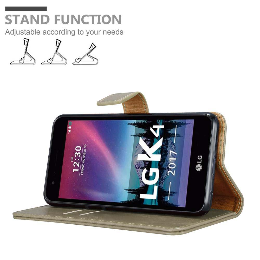 Una custodia per telefono con un telefono all'interno. Lo schermo del telefono mostra l'ora e il logo LG. Funzione stand mostrata.