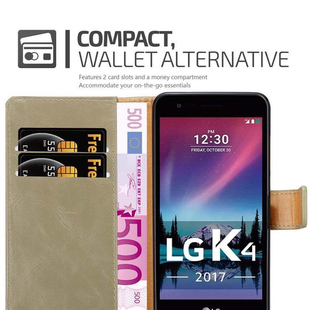 Una custodia per telefono con denaro e carte. Il telefono è un LG K4. La custodia è un'alternativa al portafoglio.
