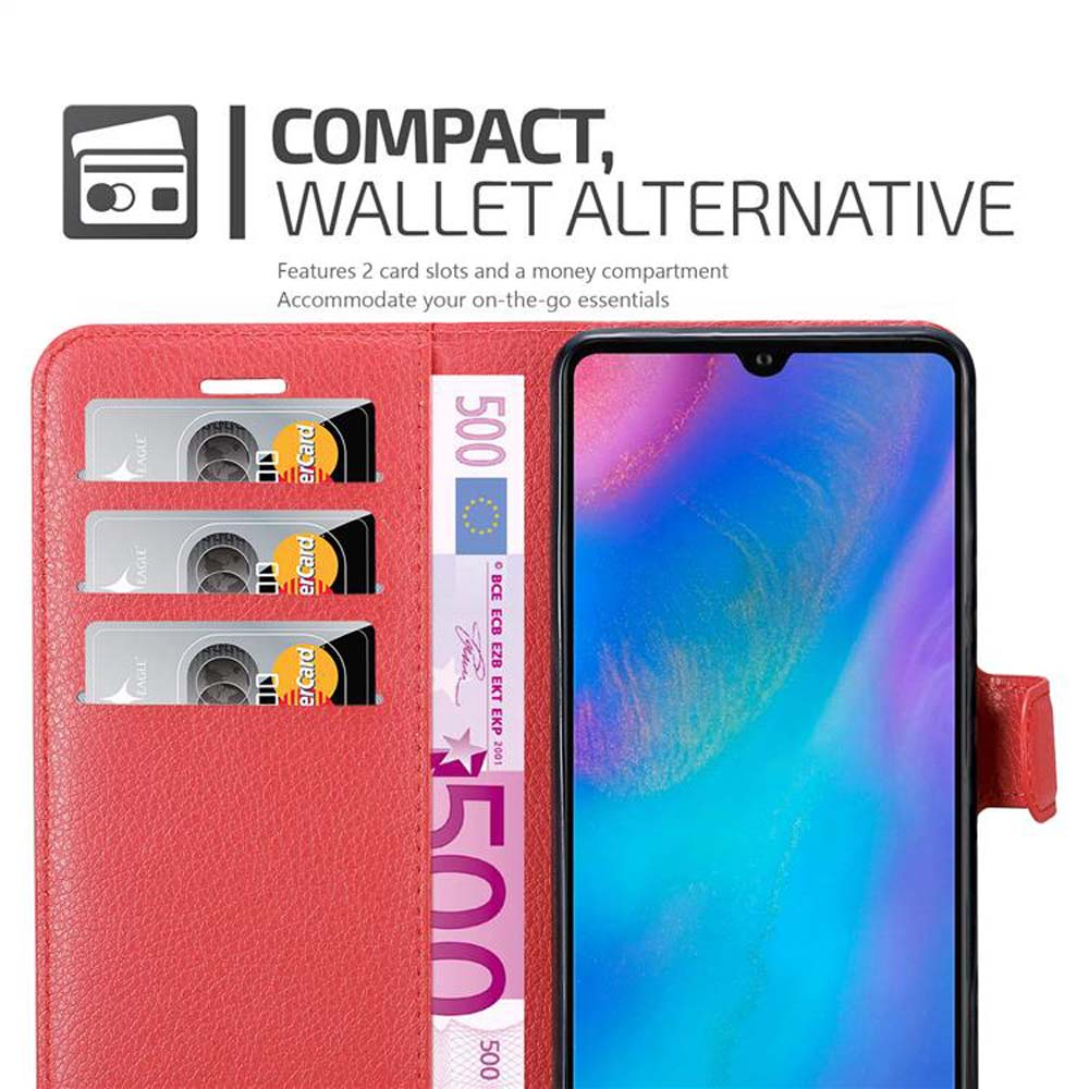 Una custodia rossa con carte di credito e una banconota da 500 euro. Lo schermo mostra un'immagine astratta colorata.