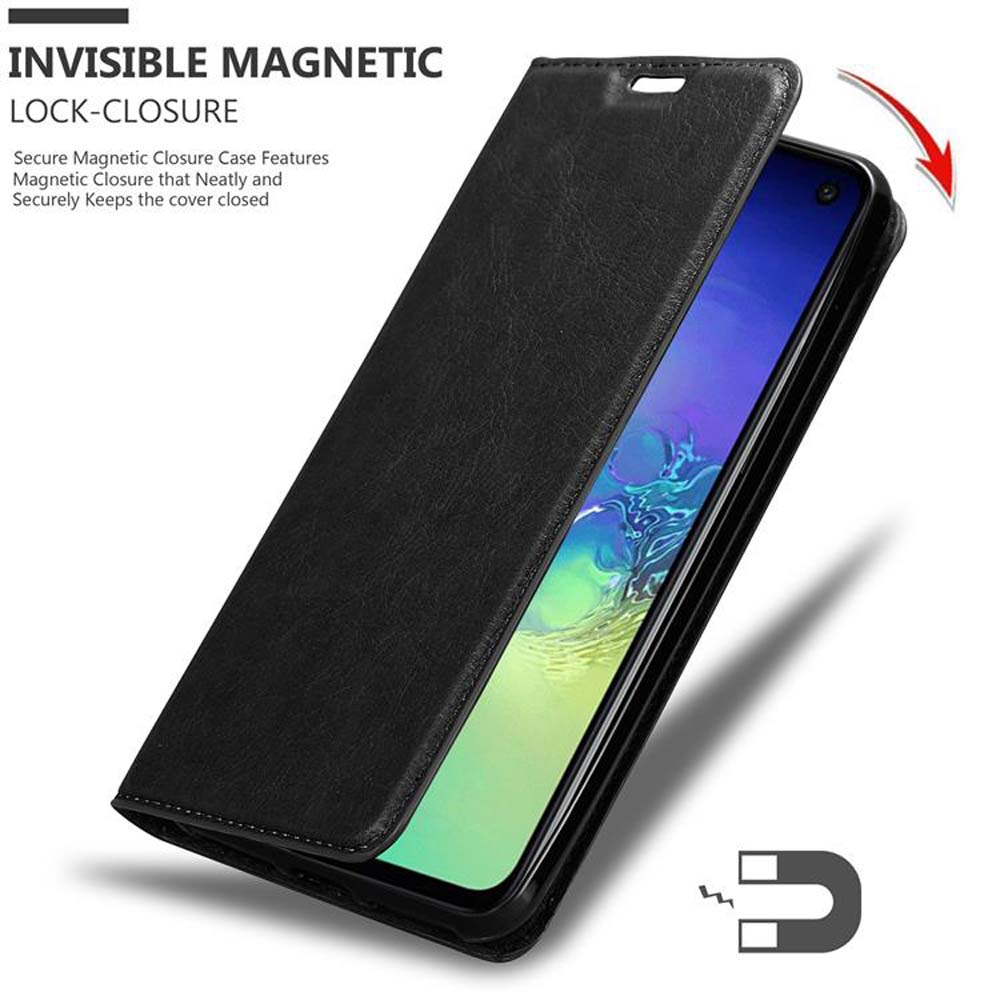 Schwarze Handyhülle offen, zeigt einen Telefonbildschirm. Die Hülle hat einen Magnetverschluss. Unten ist ein Magnet-Symbol.