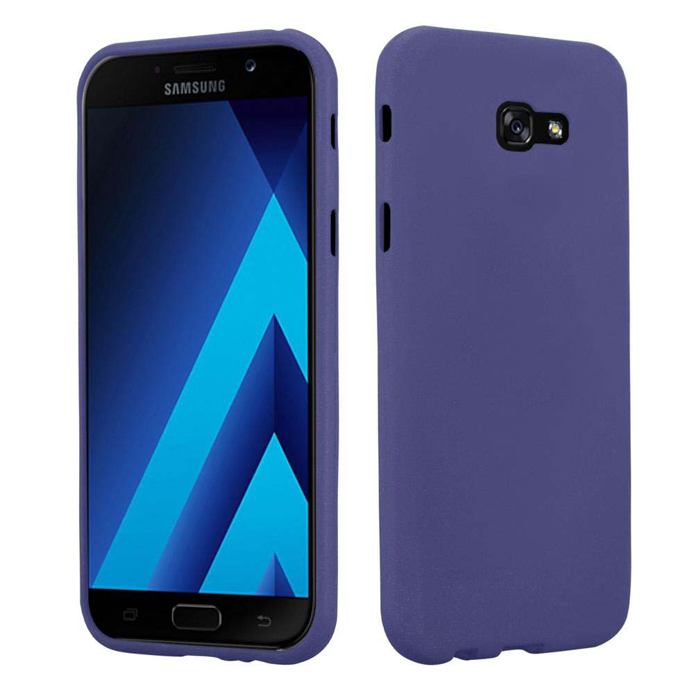 Dos vistas de una funda de teléfono morada con un teléfono dentro. La funda es de superficie lisa.