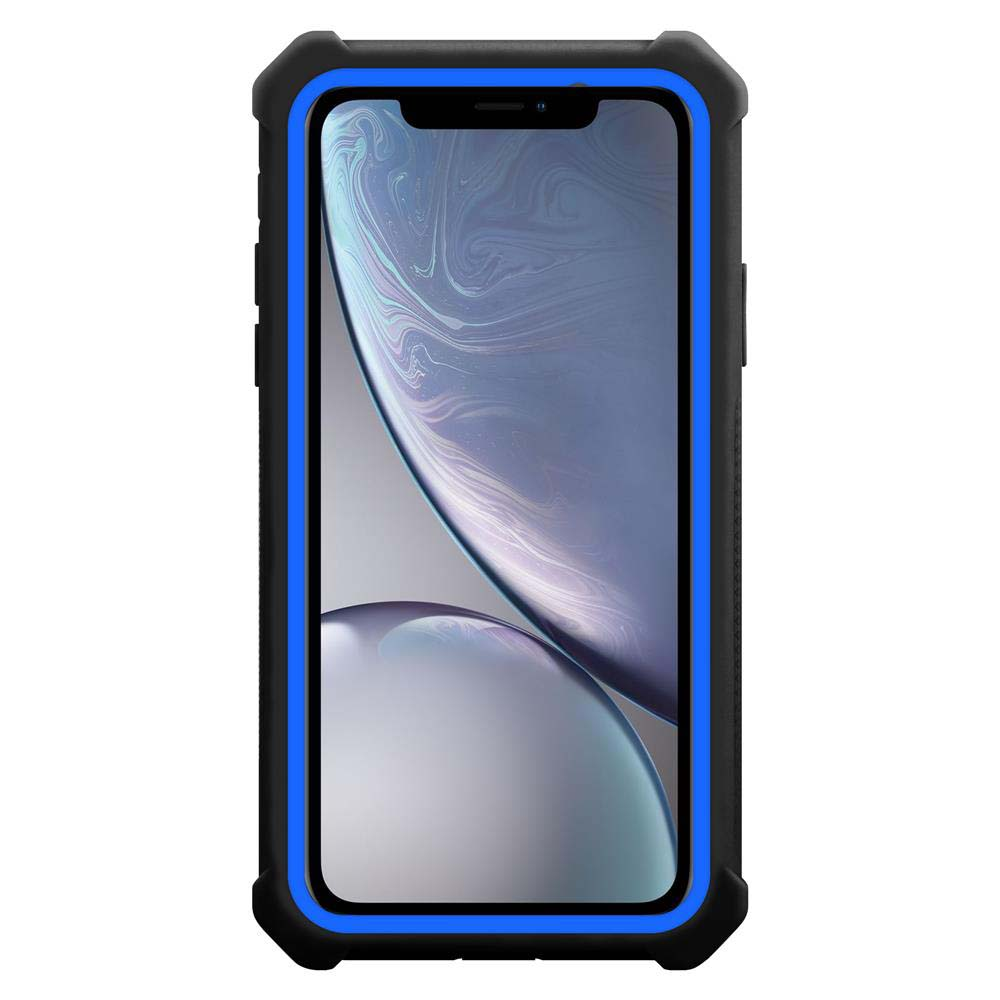 Schwarze und blaue Handyhülle. Das Telefon hat einen Bildschirm und eine Kamera.