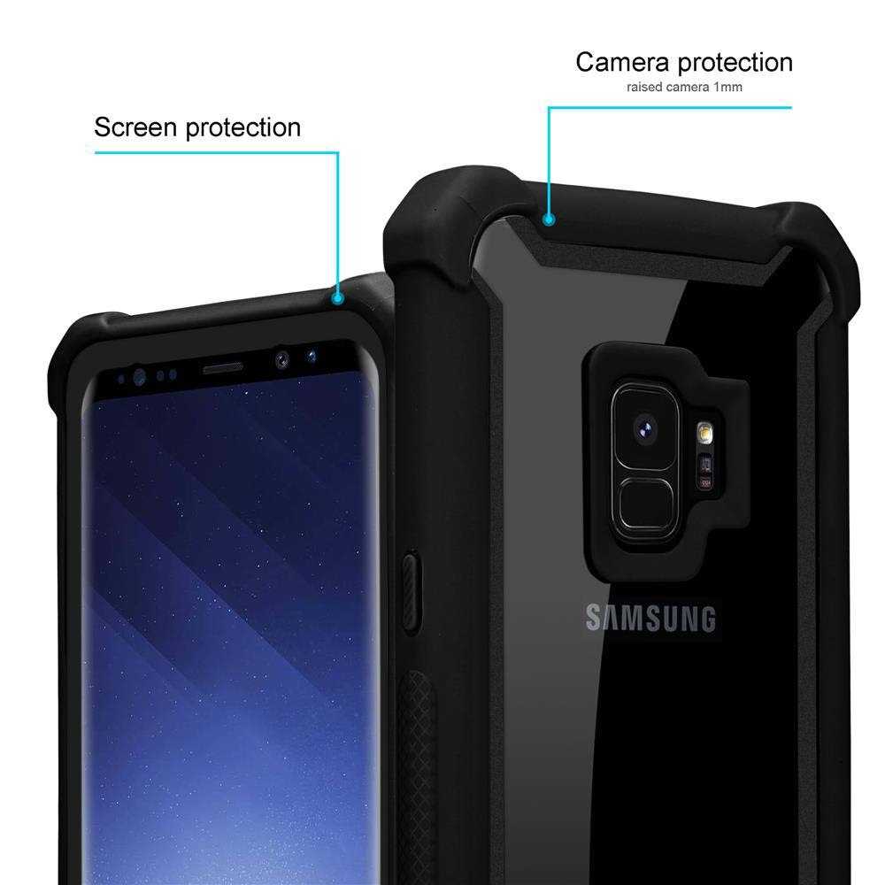 Schwarze Handyhülle mit Samsung-Telefon, mit Bildschirm- und Kameraschutz.