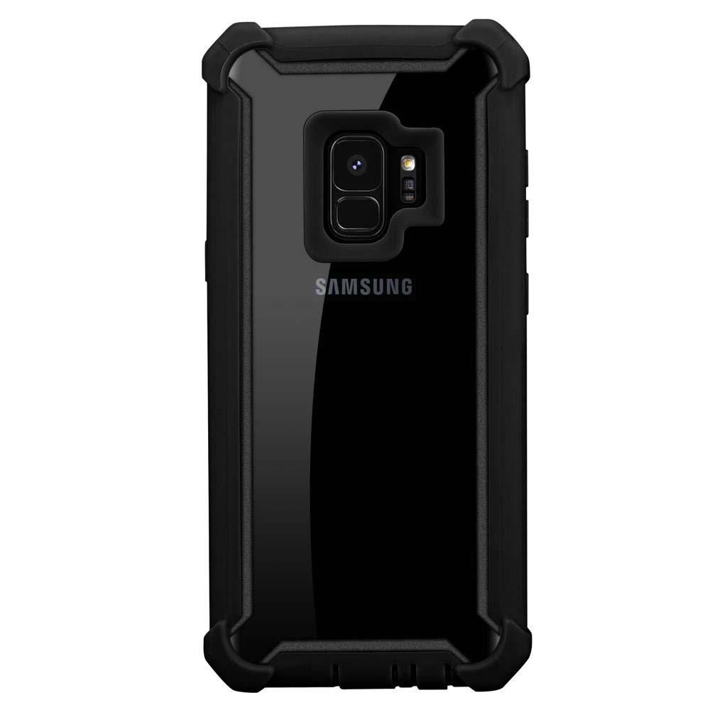 Schwarze Handyhülle. Die Hülle schützt das Telefon mit einer durchsichtigen Rückseite und einem schwarzen Rahmen.