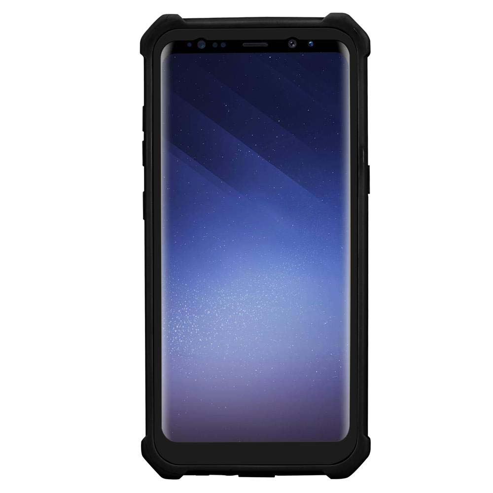 Schwarzes Telefon in einer schwarzen Schutzhülle, mit blau-violettem Bildschirm, auf Weiß.