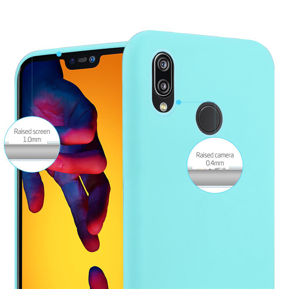 Custodia blu per telefono con telefono. Dettagli rialzati.