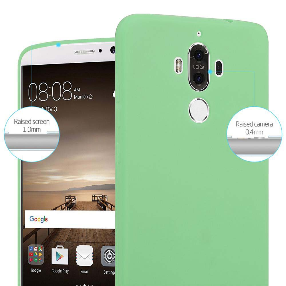 Un telefono in una custodia verde. Lo sfondo è bianco.