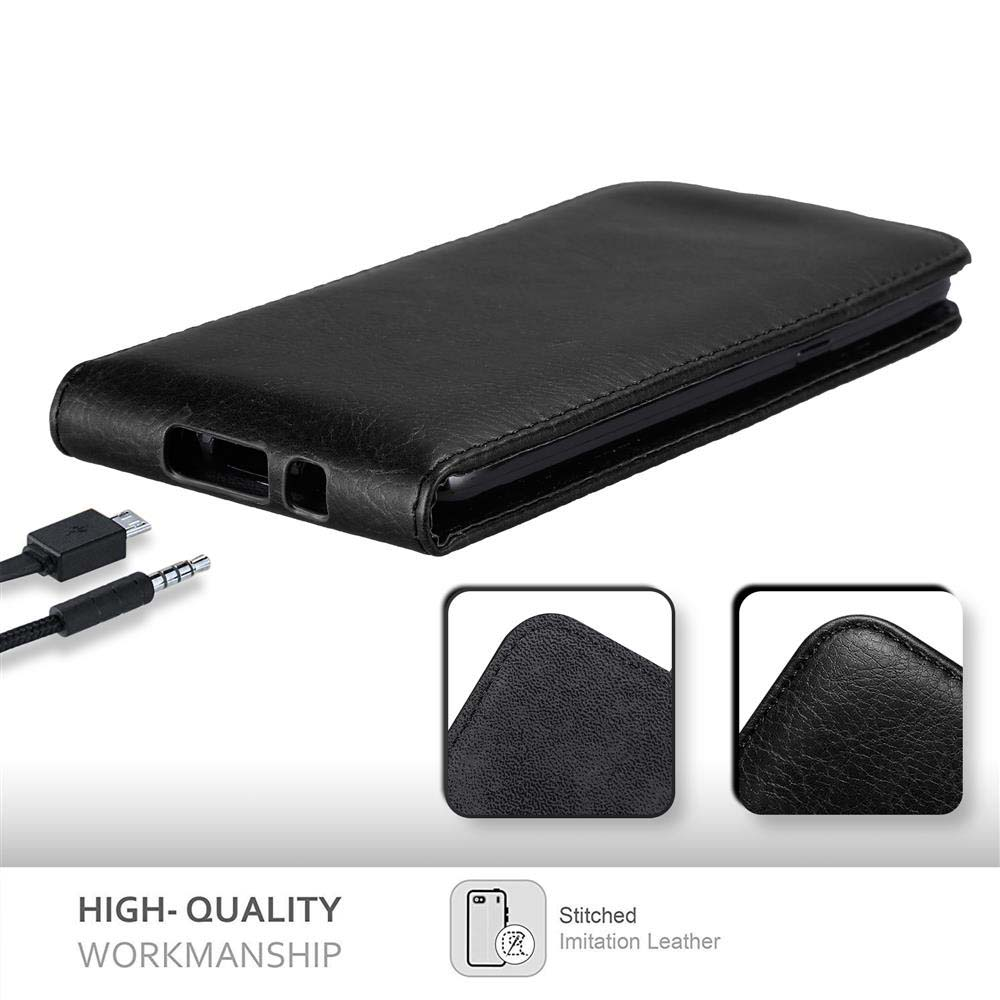 Una custodia nera per telefono con un primo piano delle cuciture e una vista delle porte, e un cavo micro-usb.