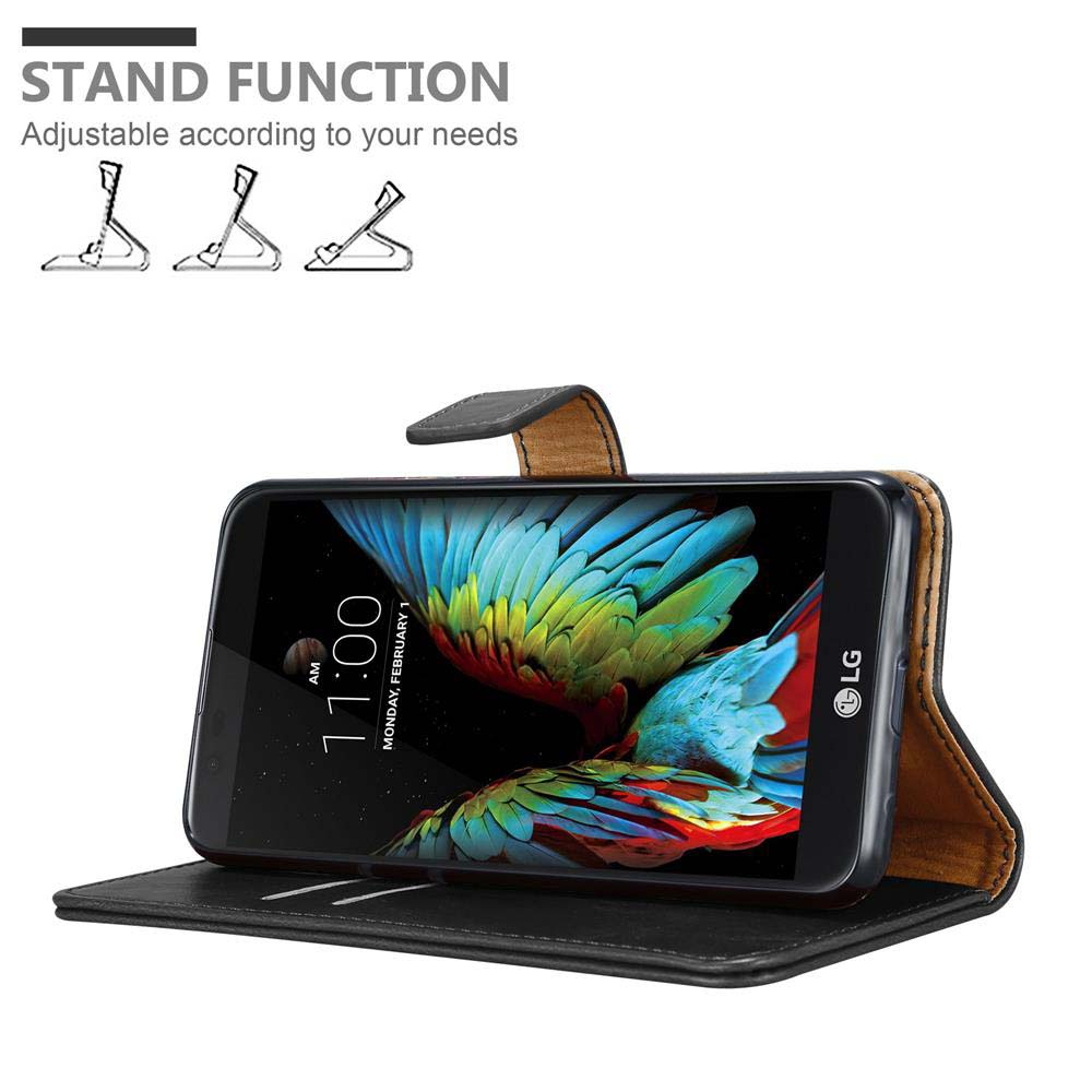 Un telefono è visualizzato in una custodia nera con una funzione di supporto. Lo schermo mostra l'ora.