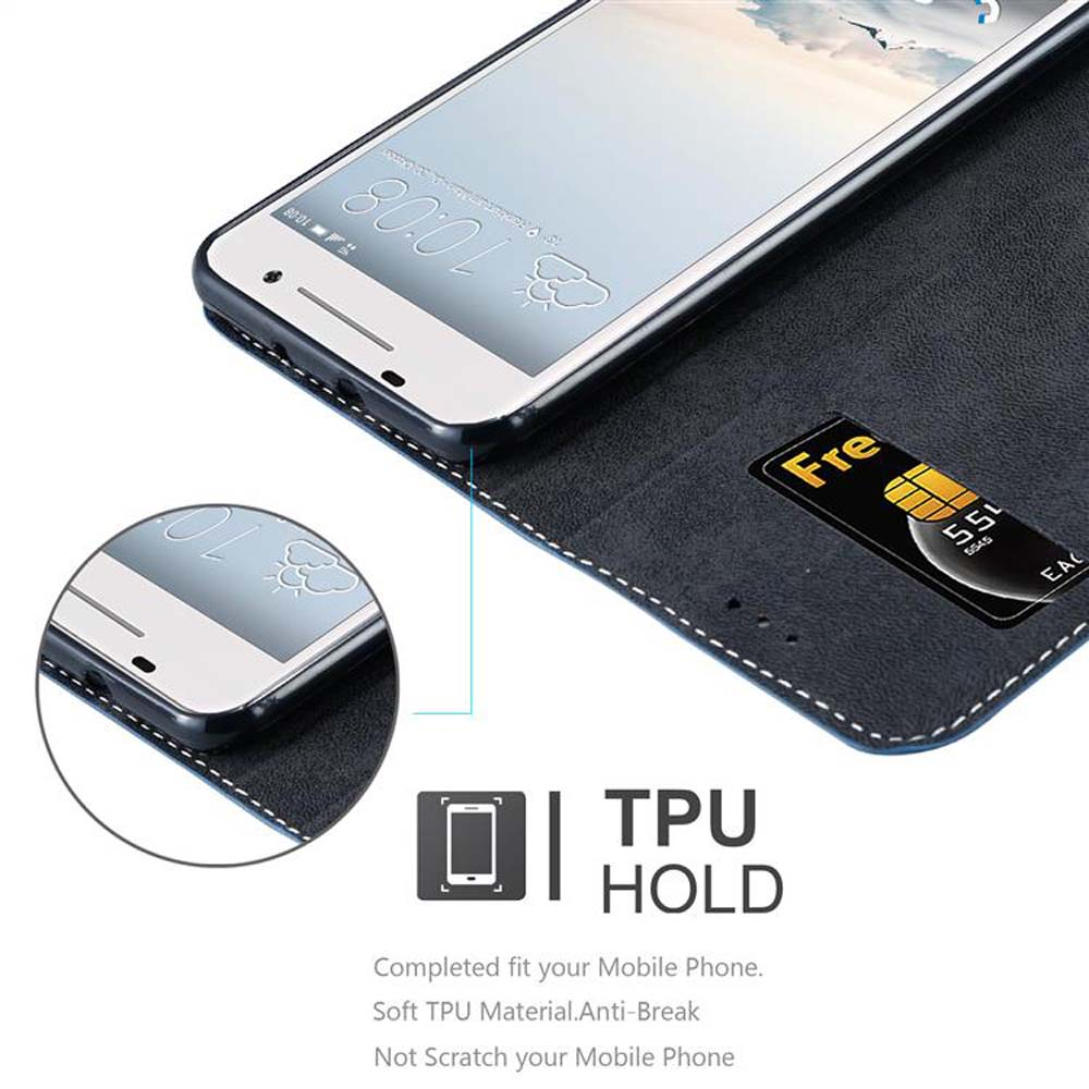 Telefon in Hülle mit Karte. Text: TPU HOLD. Weiße Nähte.