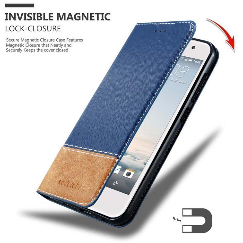 Blau-beige Handyhülle offen, zeigt ein Telefon. Text: Unsichtbarer Magnetverschluss. U-förmiges Magnet-Symbol.