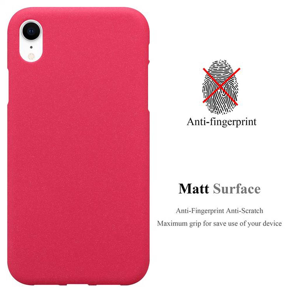Una custodia per telefono rossa. C'è un simbolo di impronta digitale e le parole 'Matt Surface'. Sfondo bianco.
