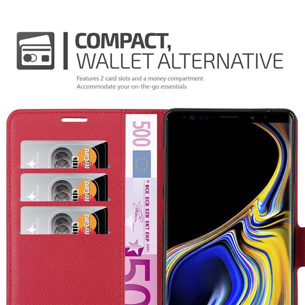 Custodia a portafoglio rossa per telefono con scomparti per carte e vano porta soldi. Una banconota da 50 euro è visibile.