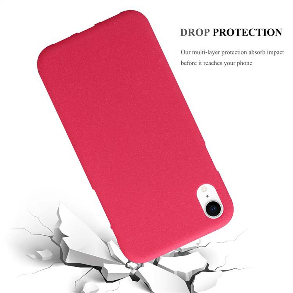 Custodia rosa per telefono che cade, con crepe sulla superficie, protezione dalle cadute.