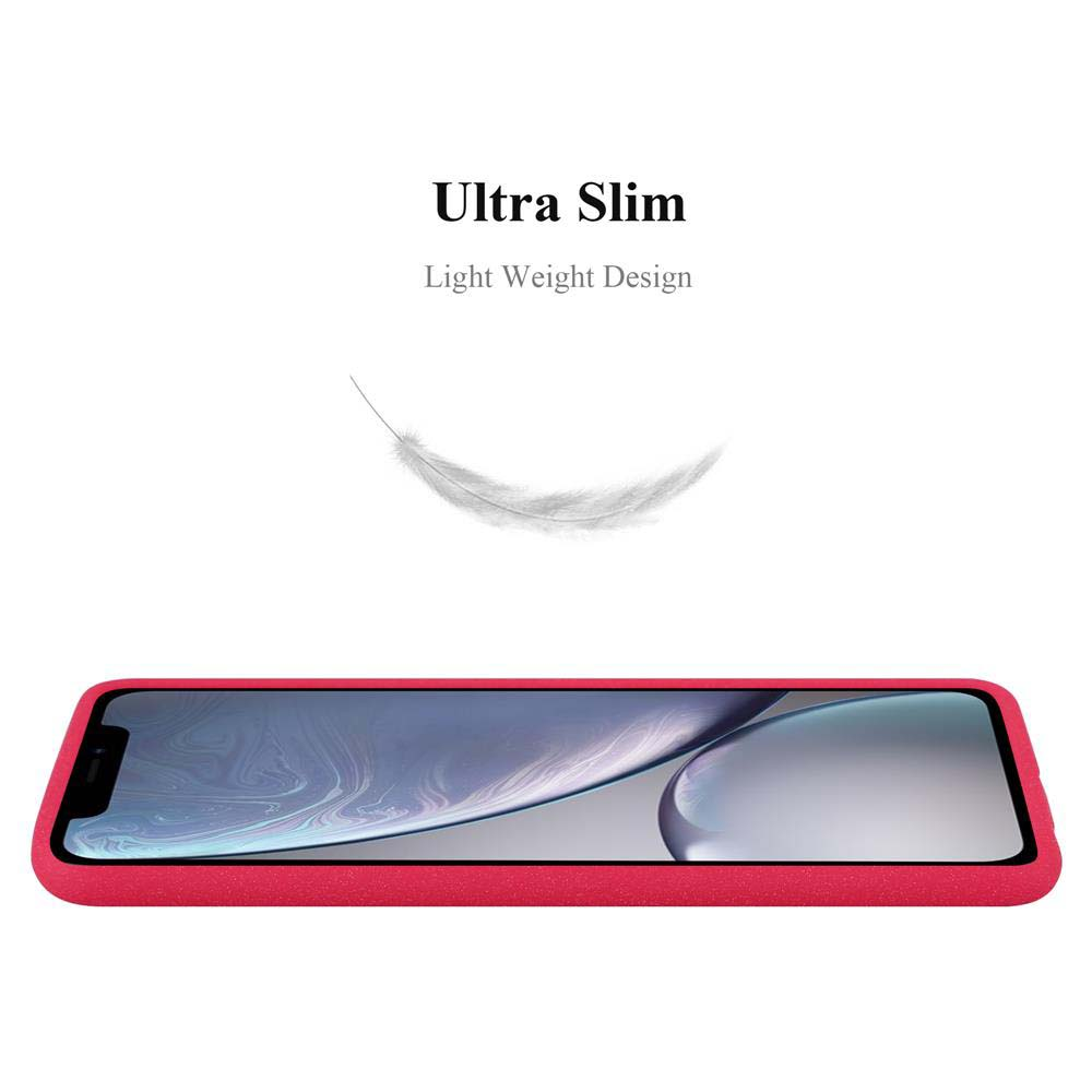 Una custodia per telefono rossa con un'illustrazione di una piuma e testo su sfondo bianco.