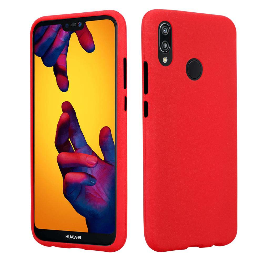 Custodia rossa con telefono a sinistra che mostra mani sullo schermo.