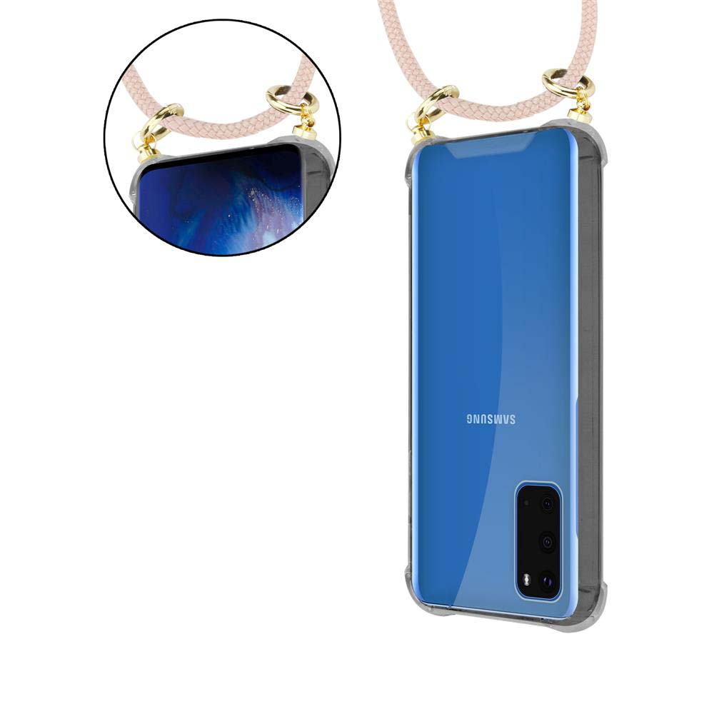 Telefono con custodia a cordino rosa. Il telefono è blu, logo Samsung.