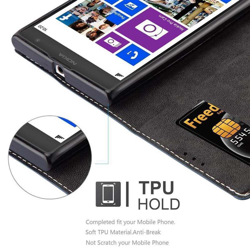 Telefono nero in una custodia a portafoglio, che mostra lo schermo Nokia con le app.