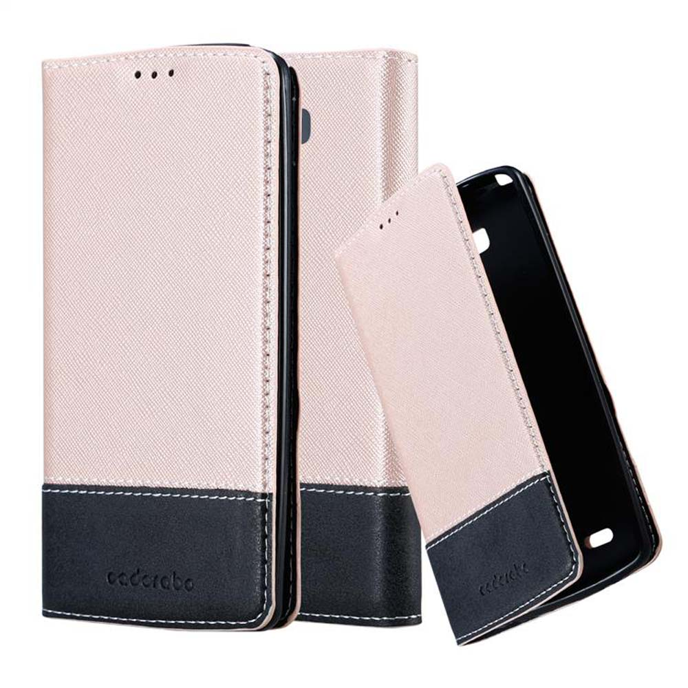 Funda de teléfono rosa y negra, abierta y cerrada, con un teléfono dentro.
