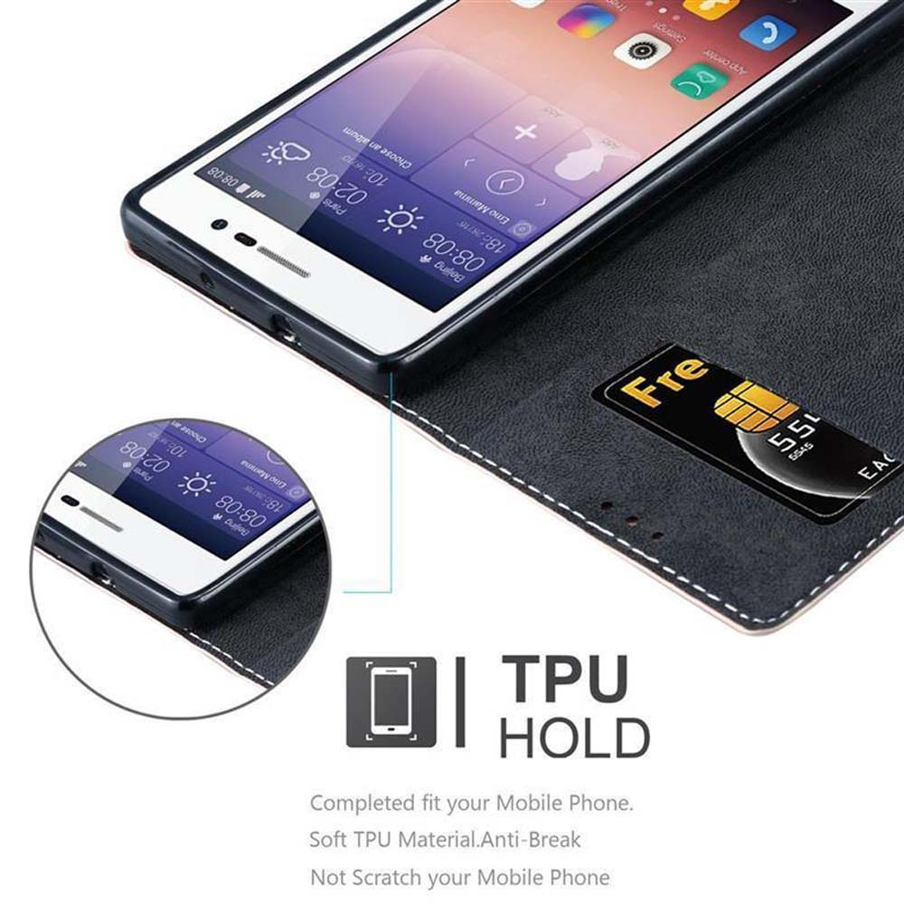 Primer plano de un teléfono en una funda negra con un diseño en blanco y negro. Hay una tarjeta SIM dentro.