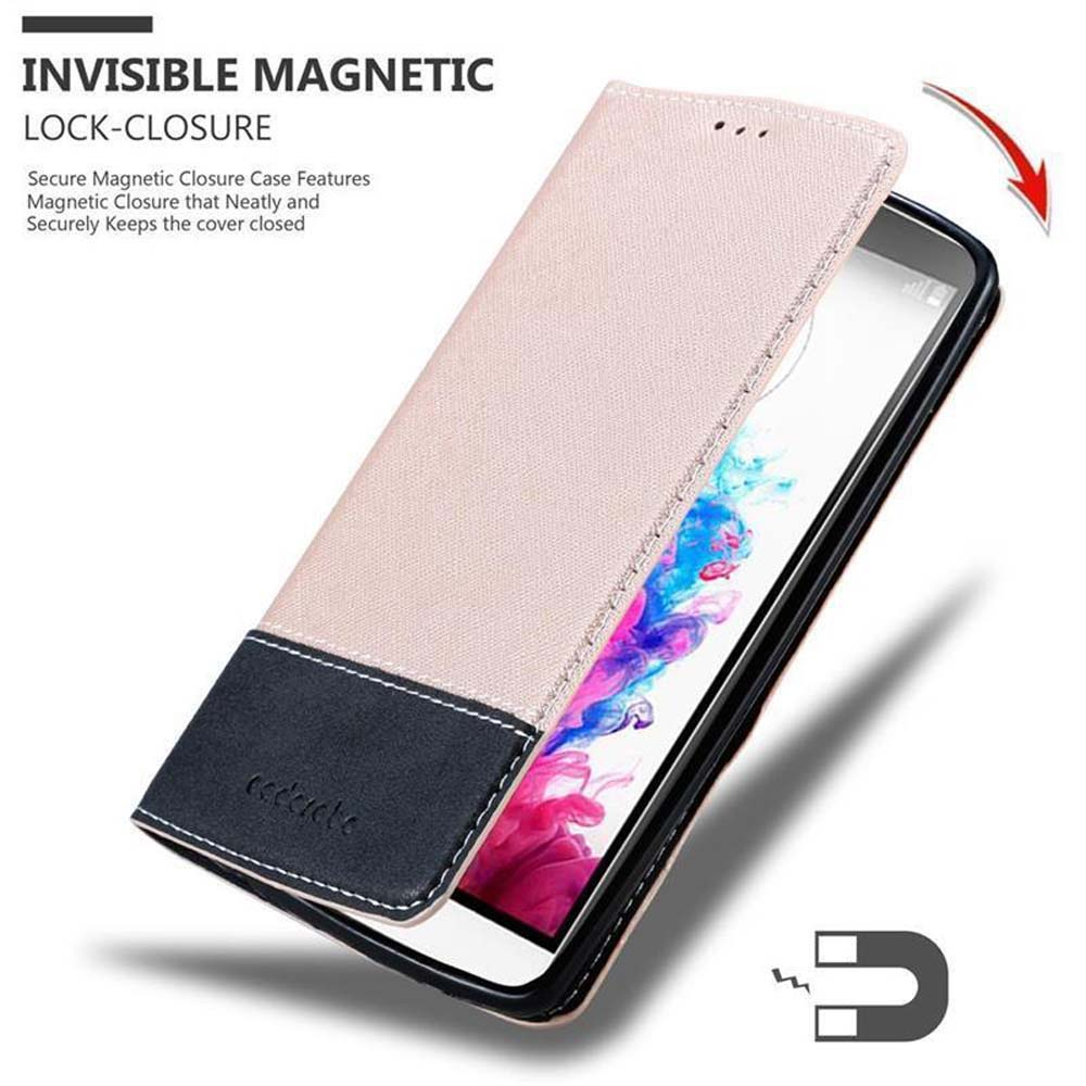Funda rosa y negra abierta revelando un teléfono. La funda tiene cierre magnético. Un icono de imán abajo.