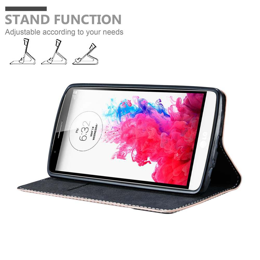 Teléfono en una funda negra, abierto. El teléfono muestra una imagen abstracta colorida. Se muestra la función de soporte.