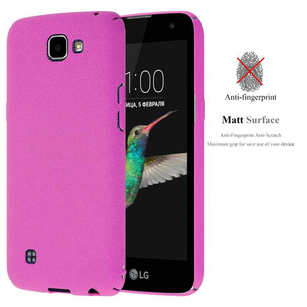Custodia per telefono rosa con telefono aperto. Testo: Anti-impronte, Superficie opaca. Sfondo bianco.