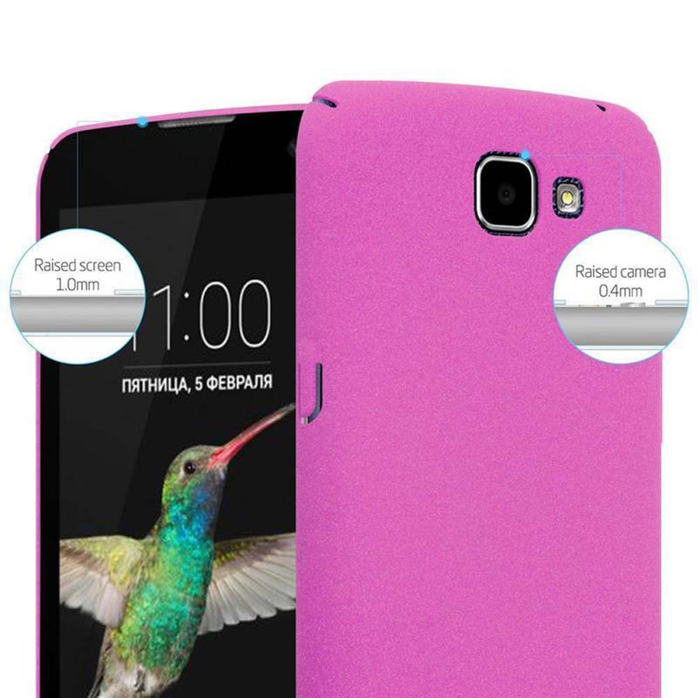 Custodia rosa per telefono con telefono all'interno. Mostra un orologio e lo schermo è rialzato per protezione.