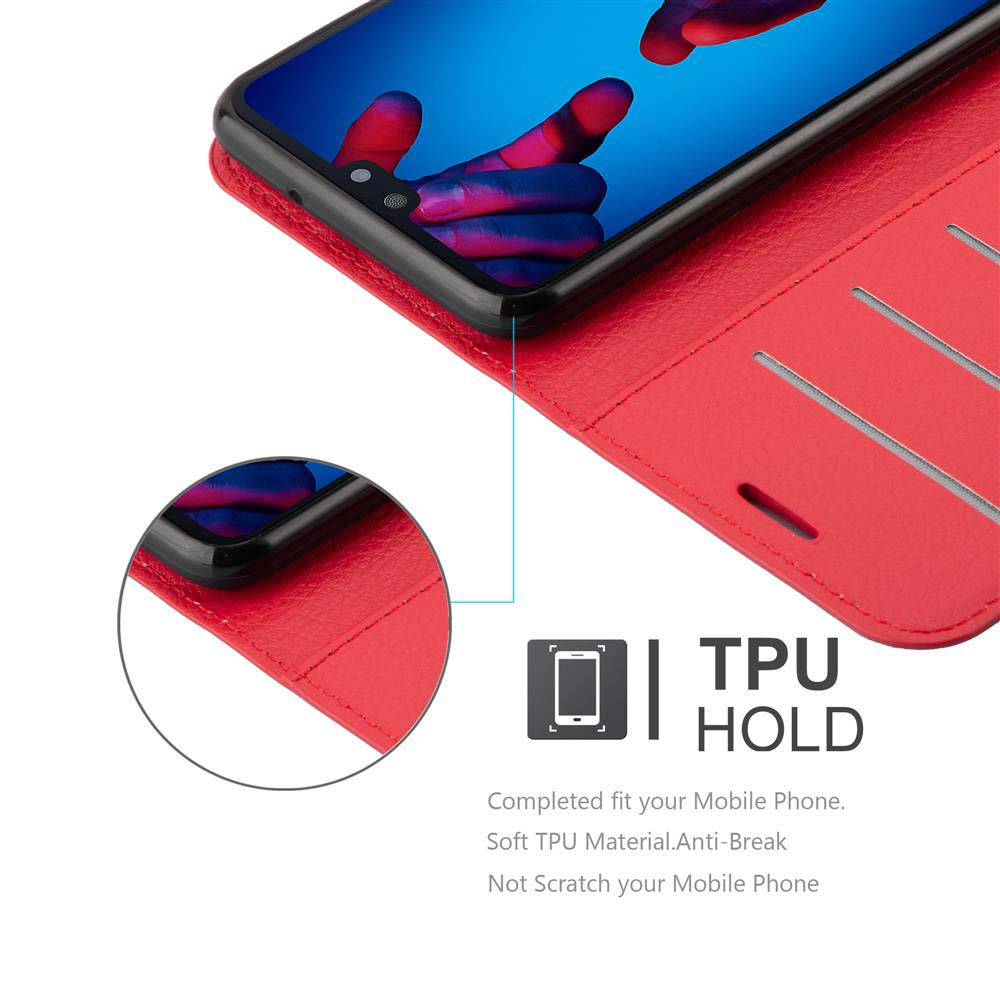 Ein Telefon in einer roten Hülle. Text: TPU HOLD. Vollständige Passform für Ihr Mobiltelefon.