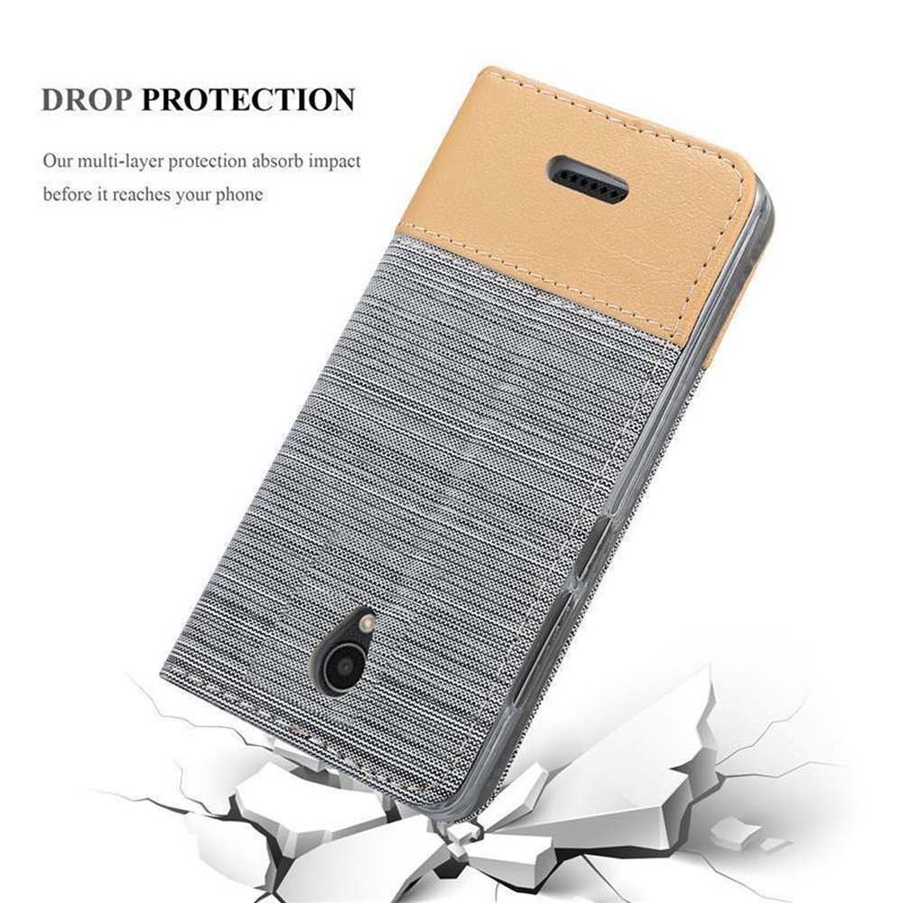 Custodia per telefono, beige e grigio, angolata, con protezione dagli urti. Cemento rotto in primo piano.
