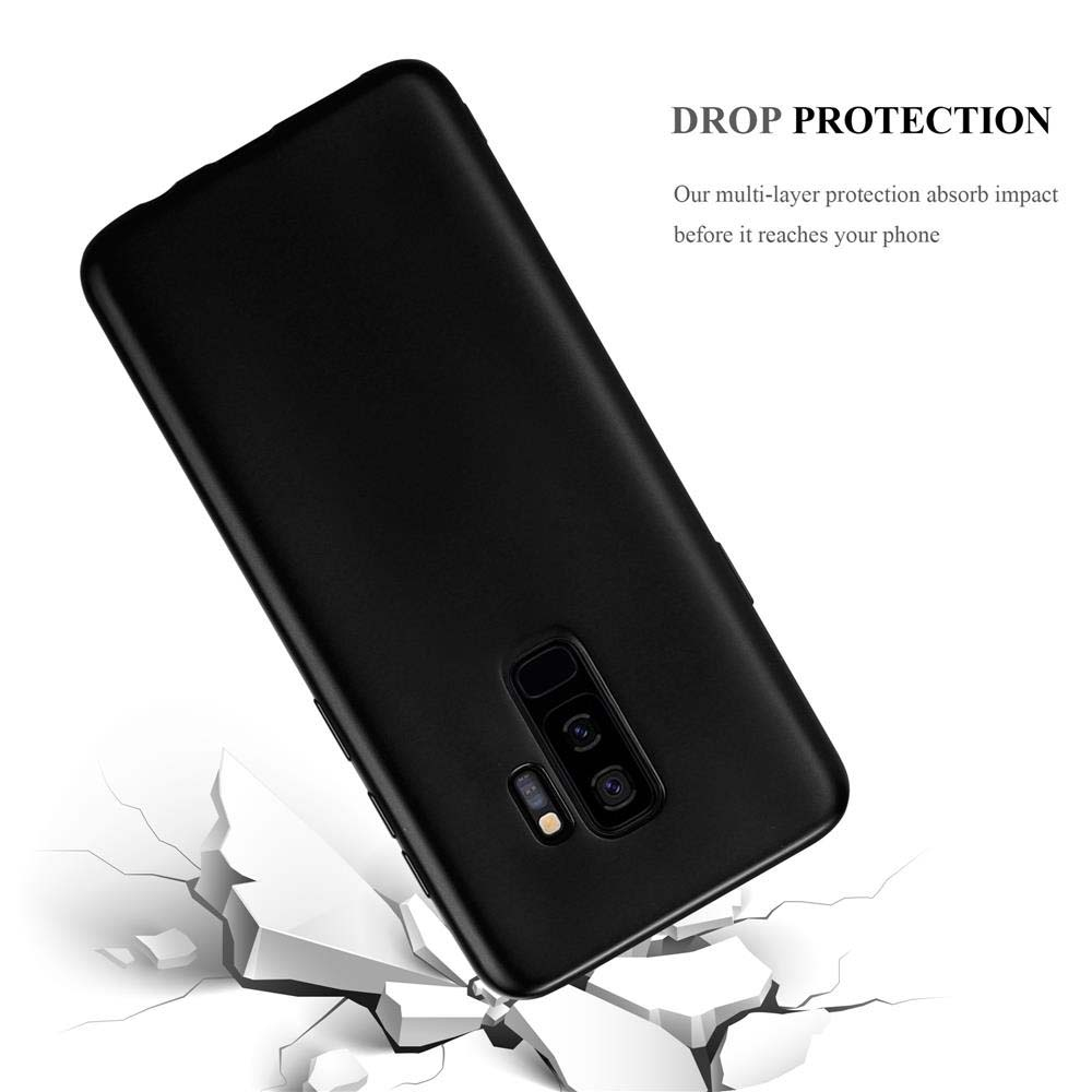 Eine schwarze Handyhülle liegt auf einer Oberfläche, mit Rissen darum. Text: 'DROP PROTECTION'.