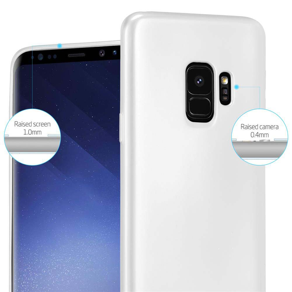 Custodia bianca con telefono, mostra dettagli schermo e fotocamera rialzati.
