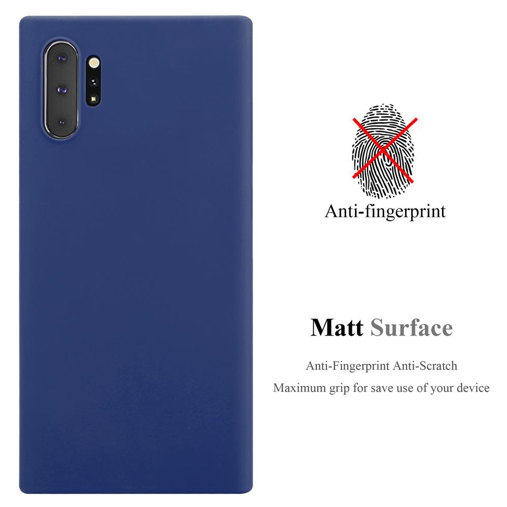 Custodia per telefono blu. Il testo sopra dice: Anti-impronte e superficie opaca.