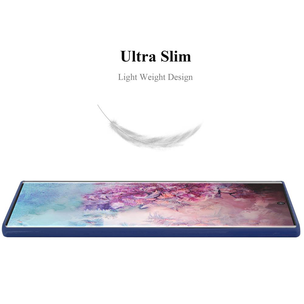 Custodia per telefono blu con un grafico di piuma leggera, che suggerisce leggerezza.