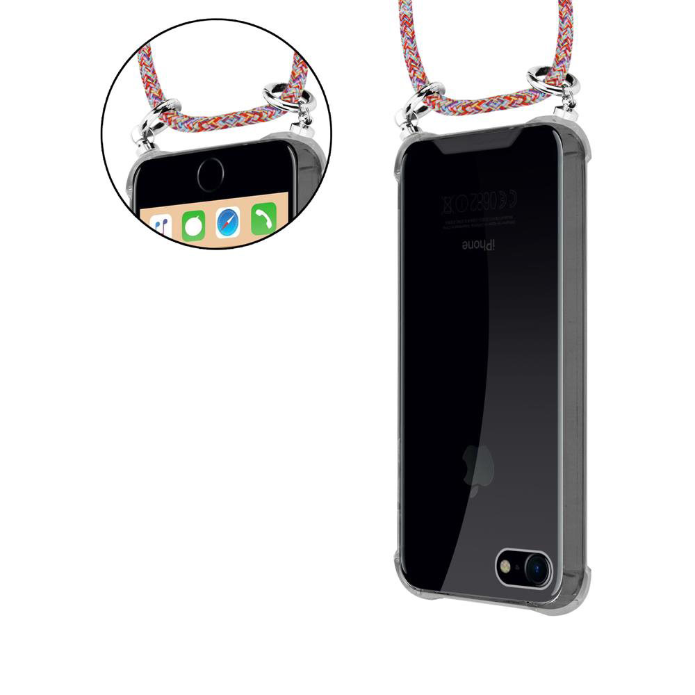 Handyhülle mit Riemen. Das Telefon ist schwarz. Der Riemen hat bunte Akzente.