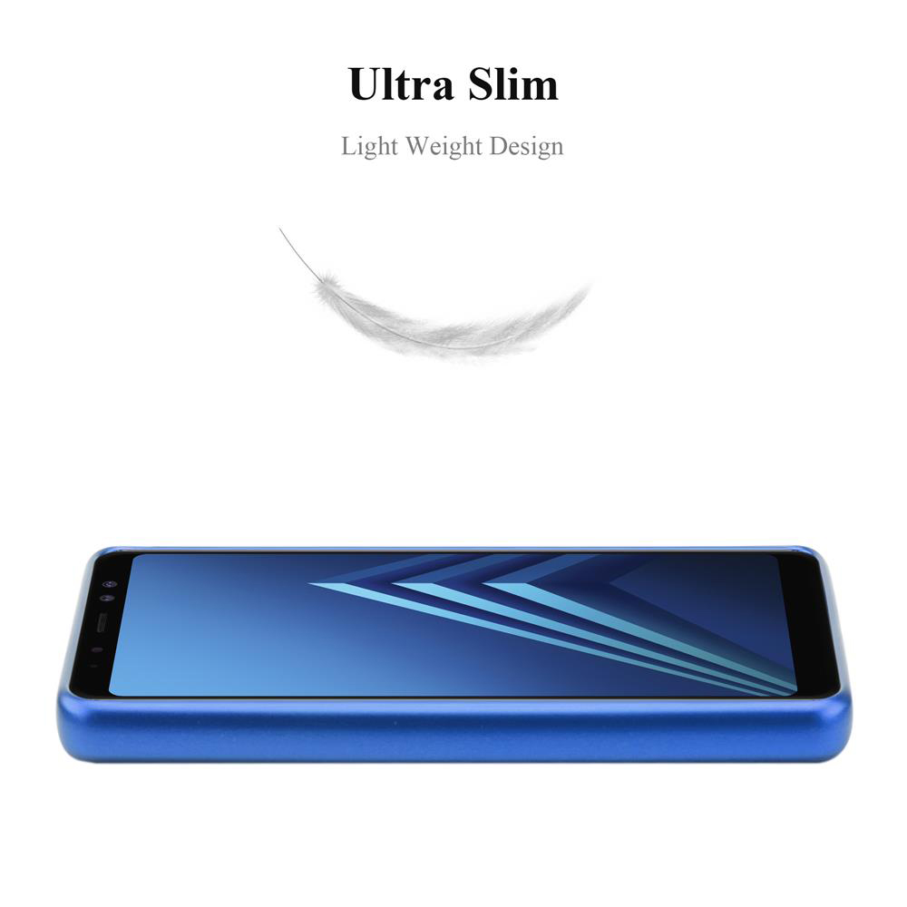 Eine blaue Handyhülle mit einem blauen Telefon darin und einer weißen Feder darüber, die ein leichtes Design bewirbt.