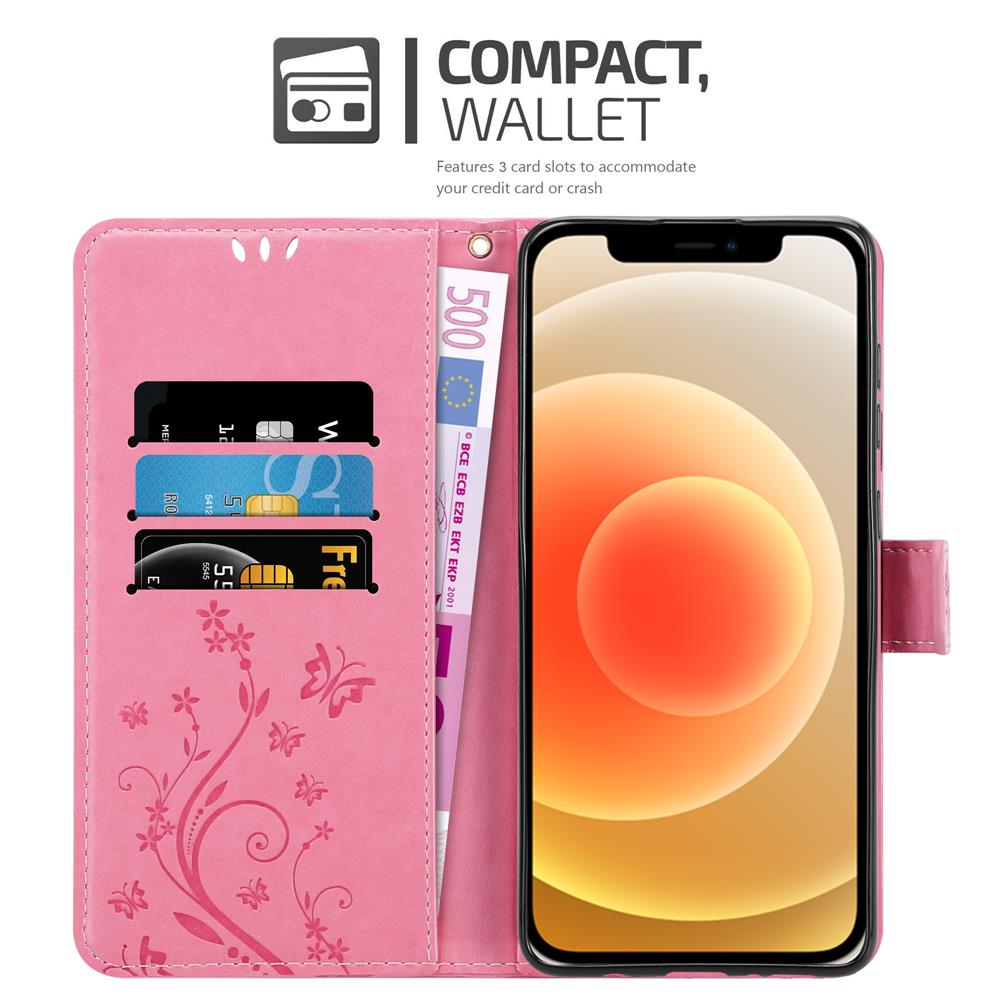 Custodia per telefono rosa, aperta, con telefono e fessure per carte, su sfondo bianco.