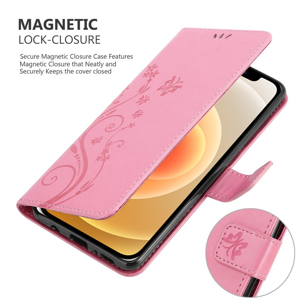 Custodia per telefono rosa con un design floreale, aperta per rivelare il telefono. È visibile una chiusura magnetica.