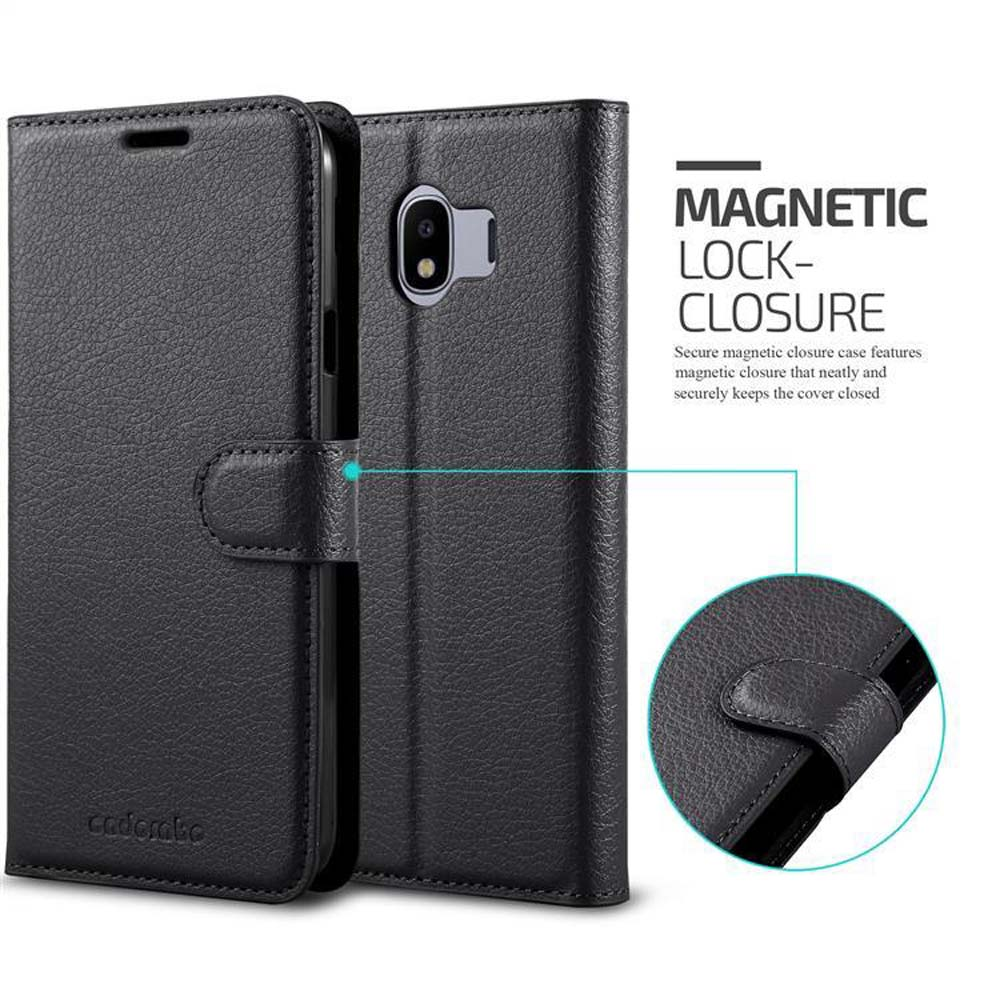 Una custodia per telefono nera è chiusa con una chiusura magnetica. La custodia è su sfondo bianco.
