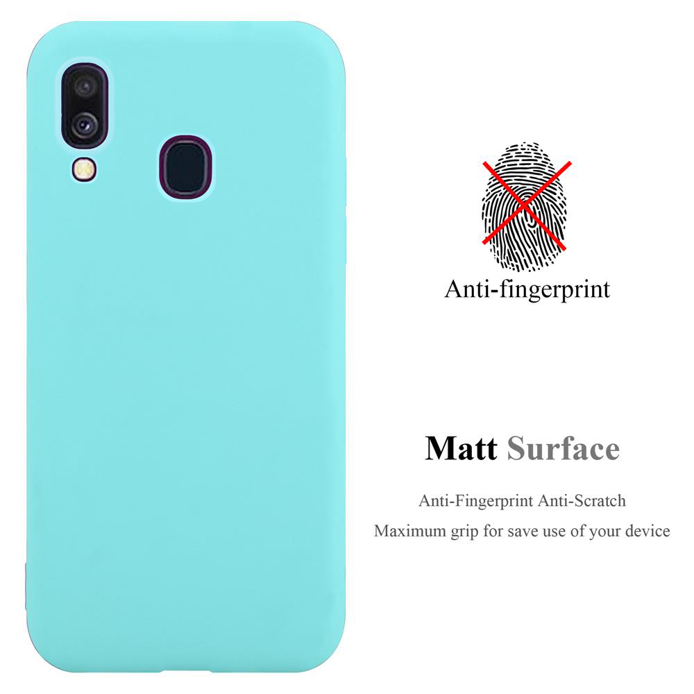 Custodia per telefono azzurra. Testo: Anti-impronte, Superficie opaca. Caratteristiche: Anti-impronte, antigraffio, massima presa.