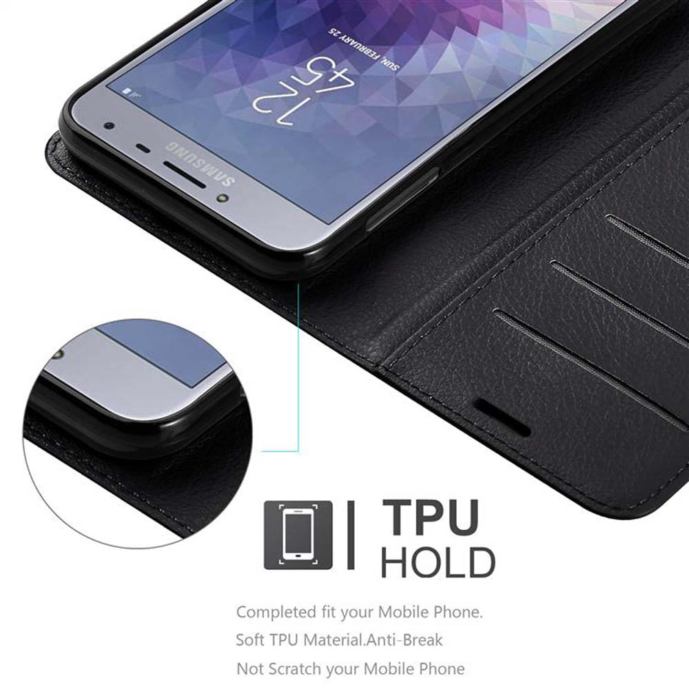 Custodia per telefono nera con un telefono all'interno. Il testo dice 'TPU HOLD'. La custodia ha uno slot per le carte.