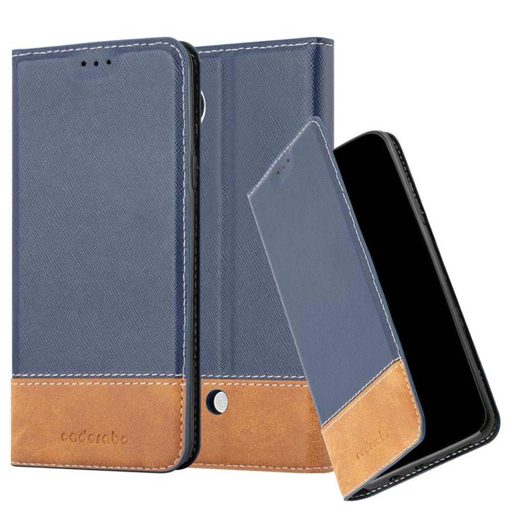 Funda de teléfono azul y marrón. Se muestran dos fundas, una abierta, otra cerrada, con un teléfono dentro.