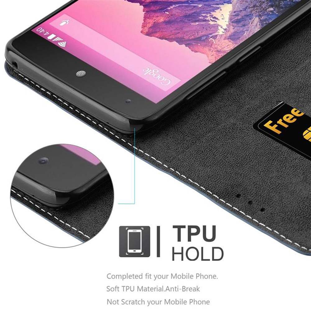 Teléfono negro en una funda. La funda tiene una ranura para tarjeta. Texto: TPU Hold.