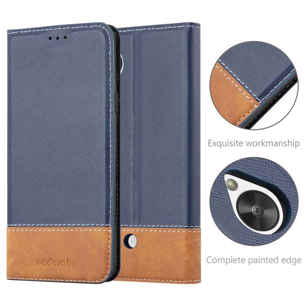Funda de teléfono azul y marrón, cerrada. Primer plano de detalles, mostrando costuras.
