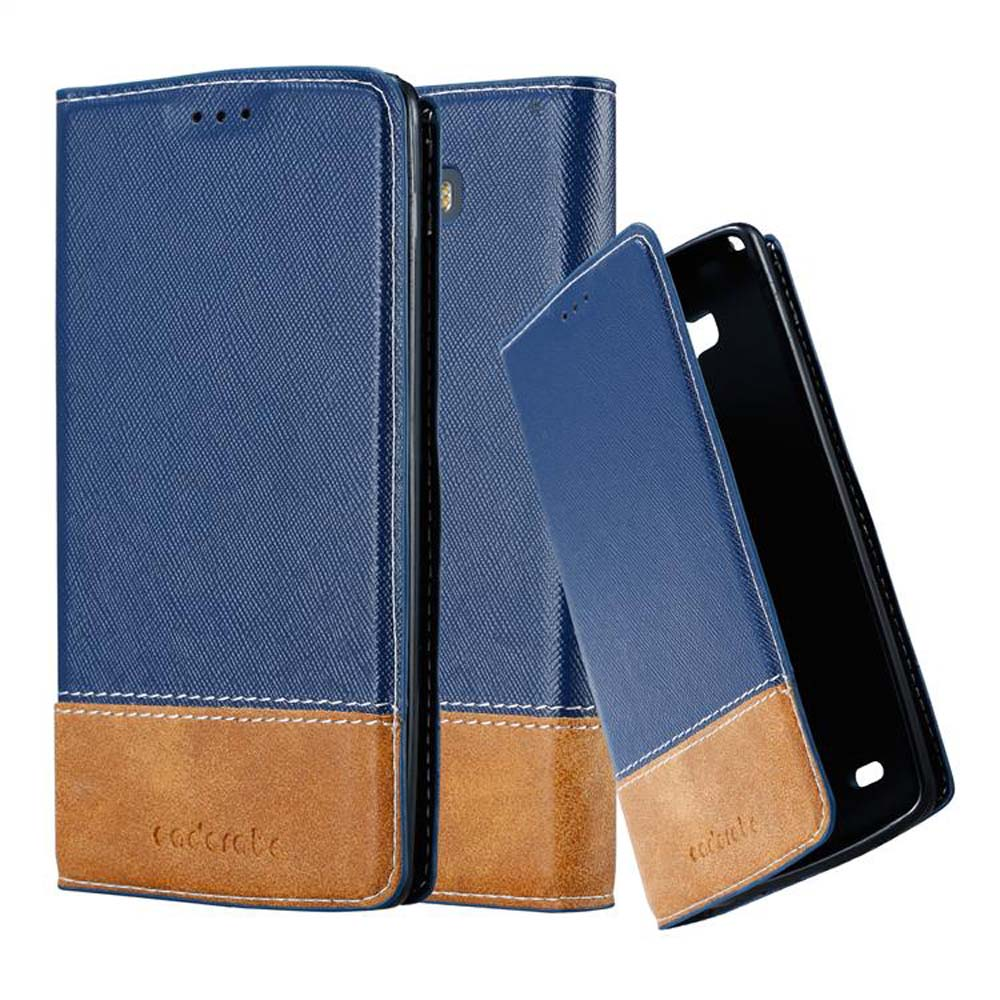 Funda para teléfono azul y marrón en dos vistas. La funda tiene una ranura para tarjetas.