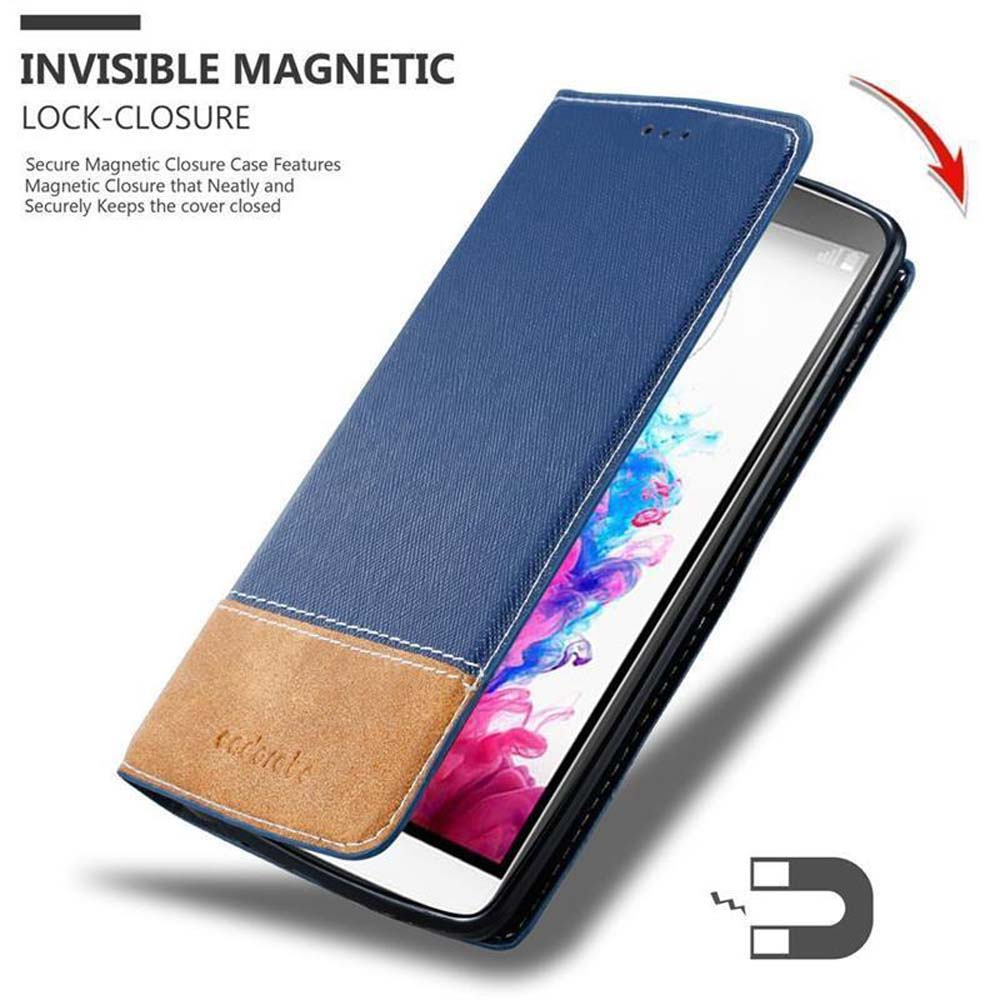 Funda azul de teléfono abriéndose para revelar el teléfono. Cierre magnético y gráfico.