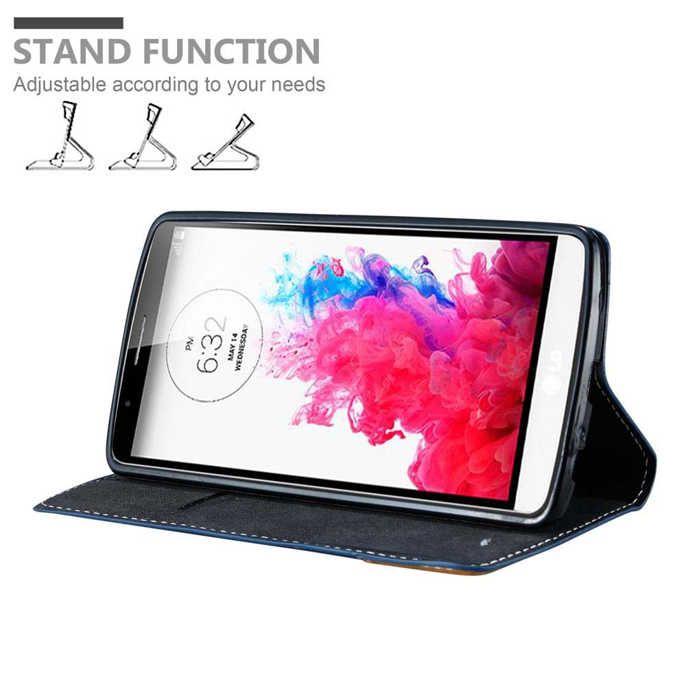 Teléfono en funda con soporte, mostrando imagen abstracta colorida. Función de soporte.