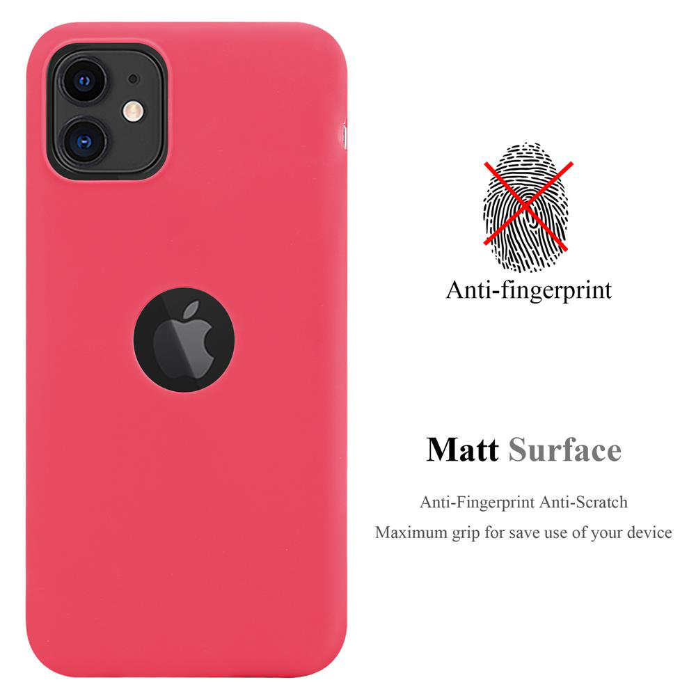 Custodia rosa per telefono, logo Apple. Superficie anti-impronta, finitura opaca. Sfondo bianco.