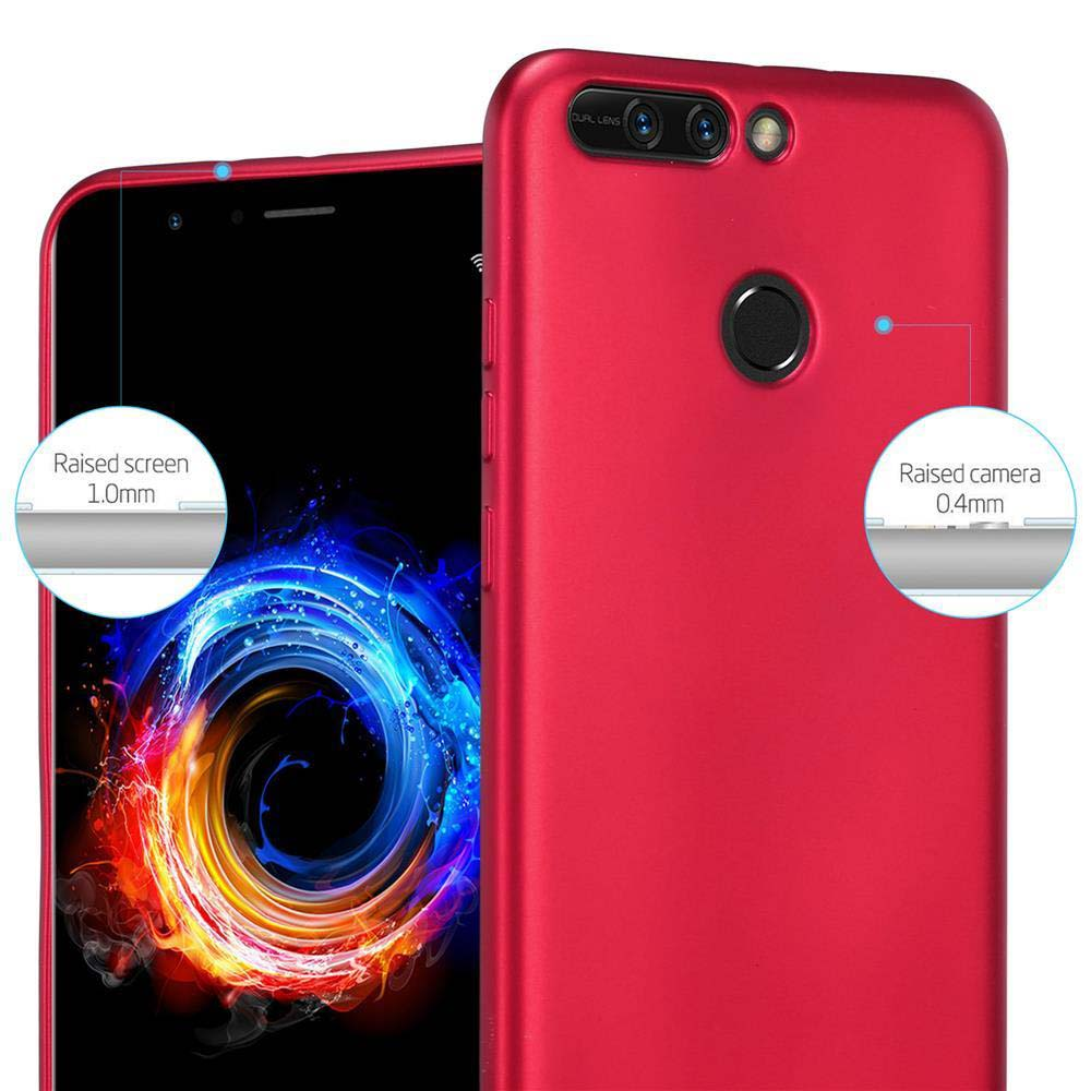 Telefono rosso con custodia. Sono evidenziati schermo e dettagli della fotocamera rialzati.